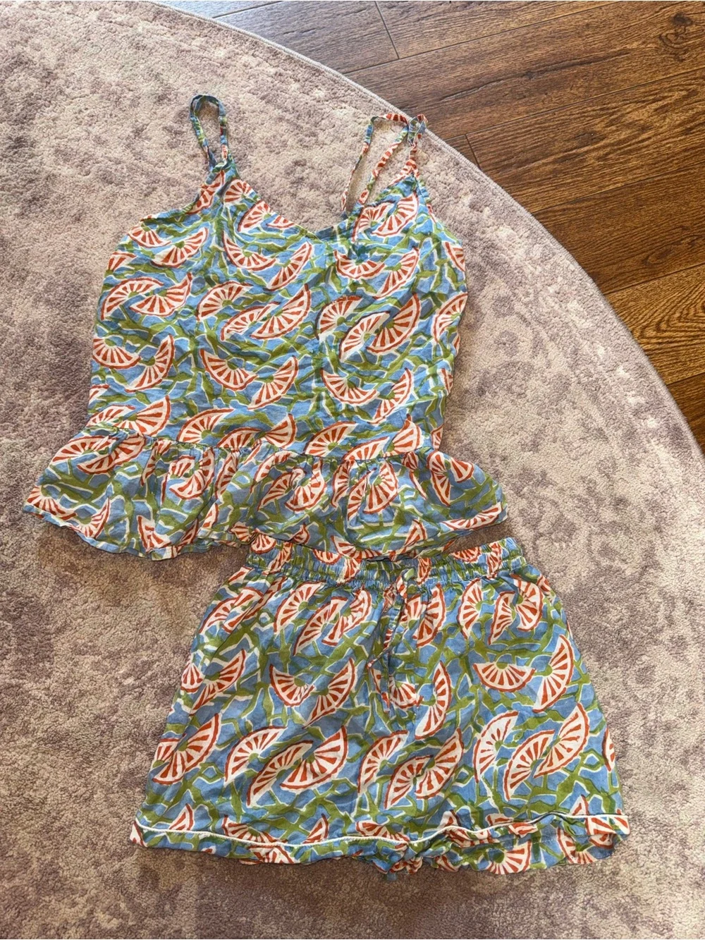 Anthropologie Mod’s Mahal Women’s S Orange Slice Green Blue Pajama Shorts Set